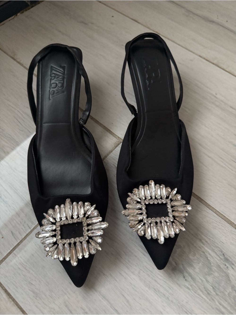 Zara embellished satin black Slingback Pumps with metal detail US 7.5